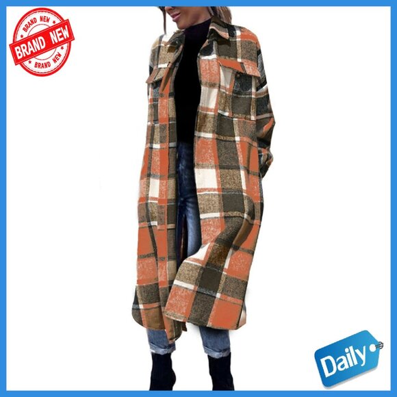 Wool Blend Plaid Shacket Button Down Coat with Pockets